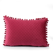 Both Side with PomPom Quilted Velvet Rectangular Cushion Cover (Set of 2), Maroon